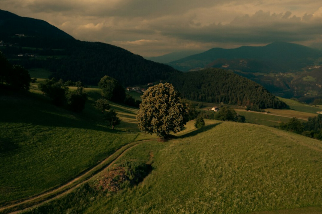Drone flying over a green alpine landscape at golden hour